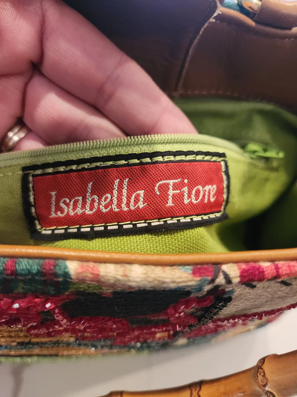 Isabella Fiore Vintage Y2K Beaded Patchwork Bamboo Handle Satchel Bag, RARE